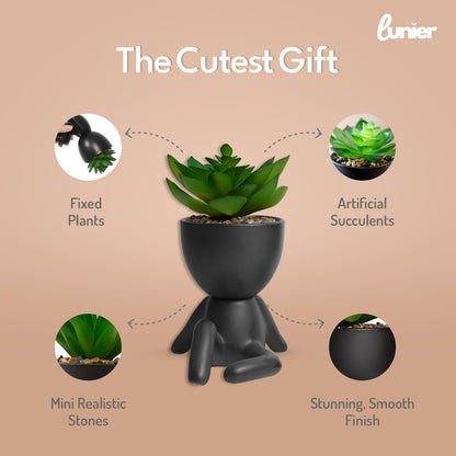 - LUNIER Seated Succulent Set (Set of 3) | Ceramic Human-Shaped Plant Pots With Artificial Succulent Plants –