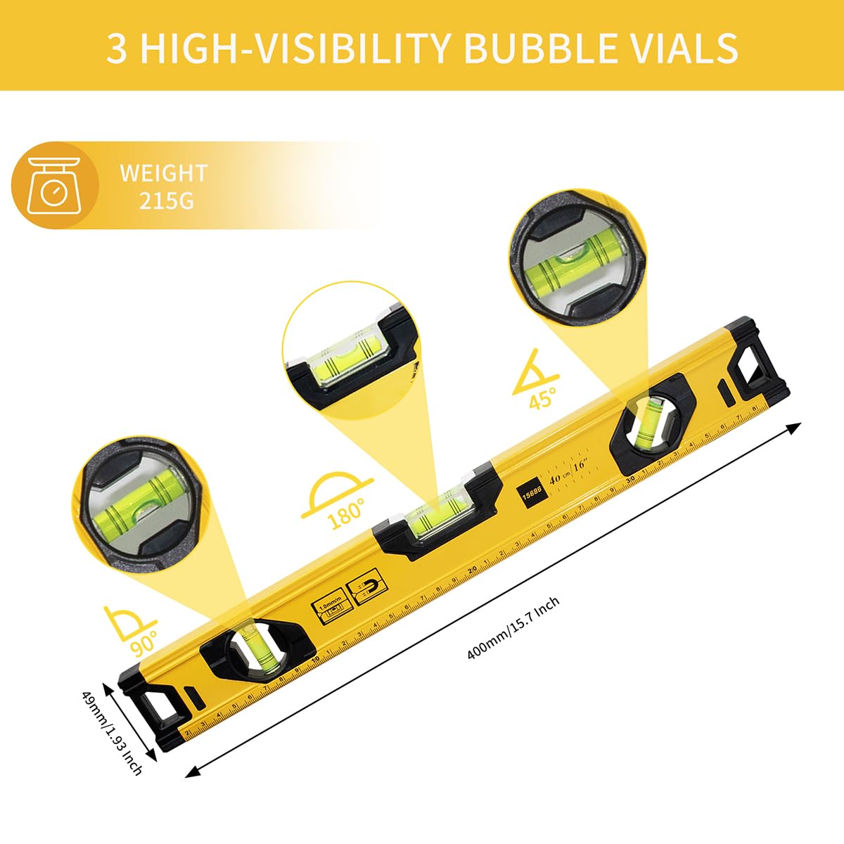 - Teronbeta Aluminium Alloy Spirit Level | 400 mm/16 Inch | Shock Proof Torpedo Level -