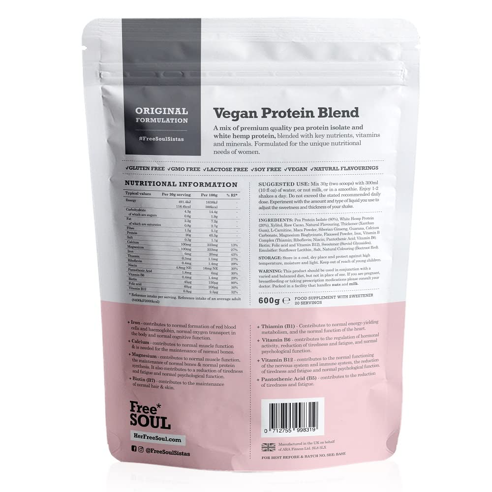 - Free Soul Vegan Protein Powder | Formulated for Women | 600g | 20g Protein | Added Nutrients | Gluten & Soy Free Plant Based Nutrition Protein Shake | Pea and Hemp Isolate Protein (Chocolate) -