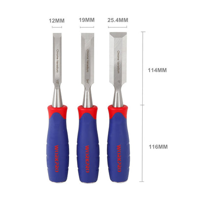 - WORKPRO Wood Chisel Set, 3 Pieces Wood Carving Chisels 12 mm, 19 mm, 25 mm, Cr-V Bevel Edge Chisels with Steel Hammer End and Non Slip Handle