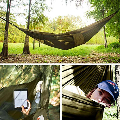 COVACURE Camping Hammock with Mosquito Net, Ultralight 210T Parachute Nylon with Two 10FT Tree Straps for Outdoor Camping Accessories