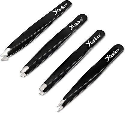 Candure Tweezers for Eyebrows - Professional Stainless Steel Slanted and Pointed Tip Hair Tweezers Set for Ingrown Hair, Blackhead Removal, Eyelash Extension, Eyebrows Plucking Beauty Tool for Women