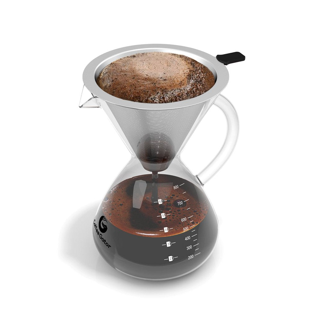 Coffee Gator Pour Over Coffee Maker – Stainless Steel Filter & Glass Dripper - Paperless Hand-Drip Brewer - Eco Friendly - Kitchen & Housewarming Gifts - 800ml