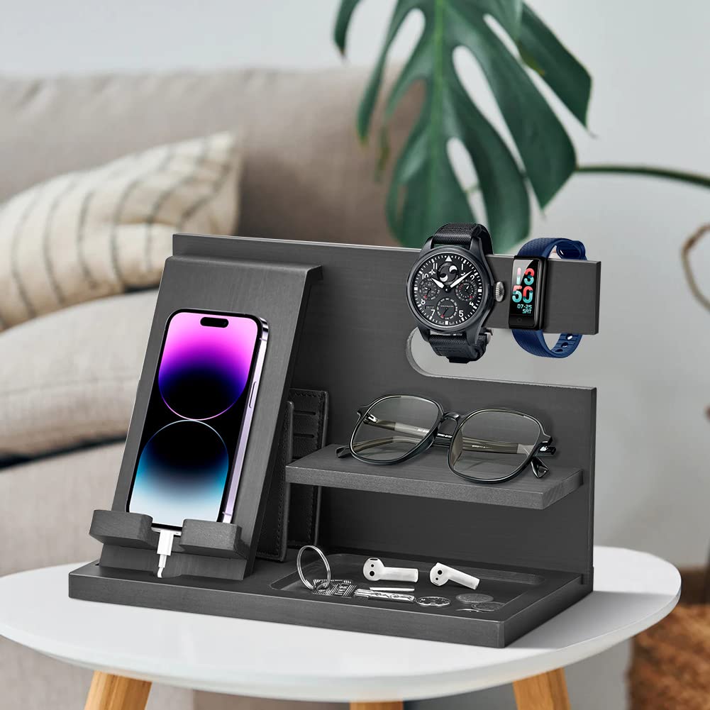 Birthday Gifts for Men who have everything Dad Gifts Wood Phone Docking Station for Men Bedside Table Organiser for Him Gifts for Dad Mens Gifts for Husband Presents for Men Bedside Gadget Organiser