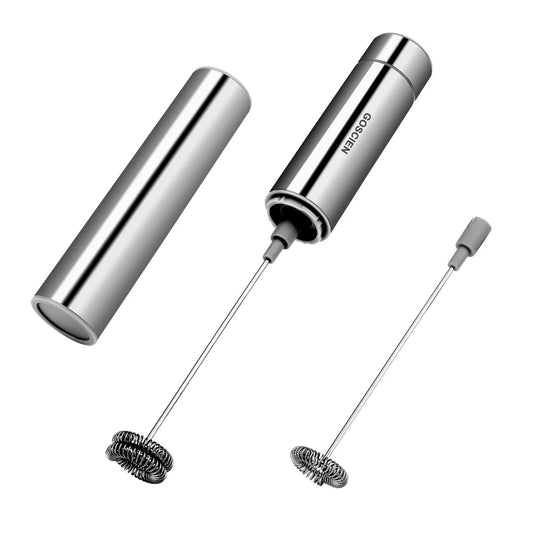 - GOSCIEN Milk Frother,Handheld Foam Maker | Battery Operated Electric Foam Maker | Portable Drink Mixer with 2 Stainless Steel Whisk and Storage Tube for Cappuccino -