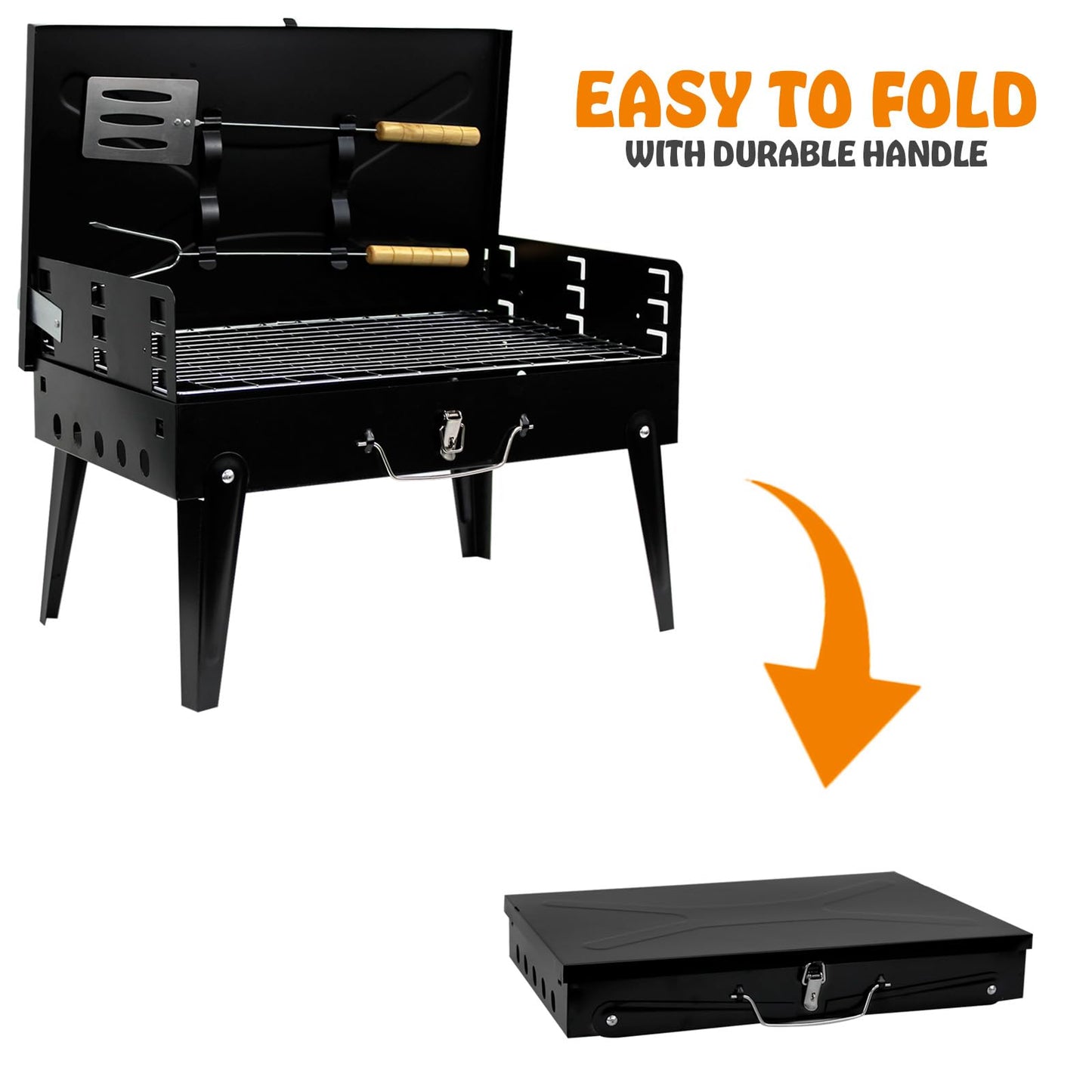 Crystals Portable BBQ Charcoal Grill - Folding Small Travel BBQ Grill with Tool Set - Mini Foldable Stainless Steel BBQ Grill for Camping, Garden, Picnic, Outdoor - Black
