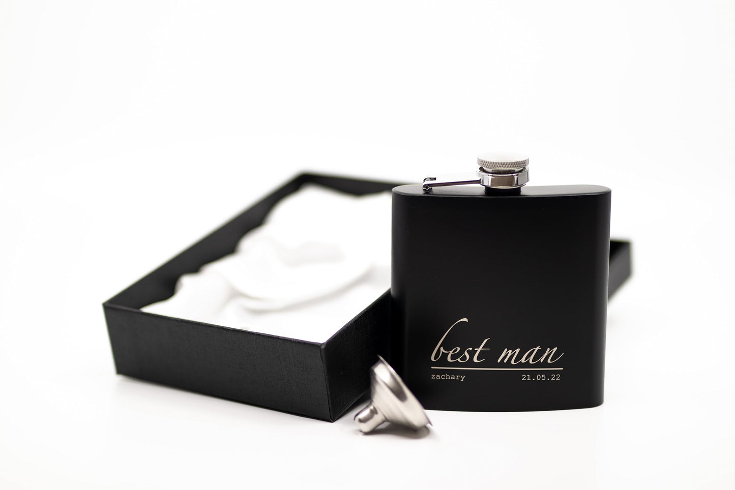 - Engraved Hip Flask Gift Set | 6oz | Black/Silver | Personalized Design Options -