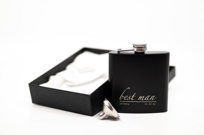 - Engraved Hip Flask Gift Set | 6oz | Black/Silver | Personalized Design Options -