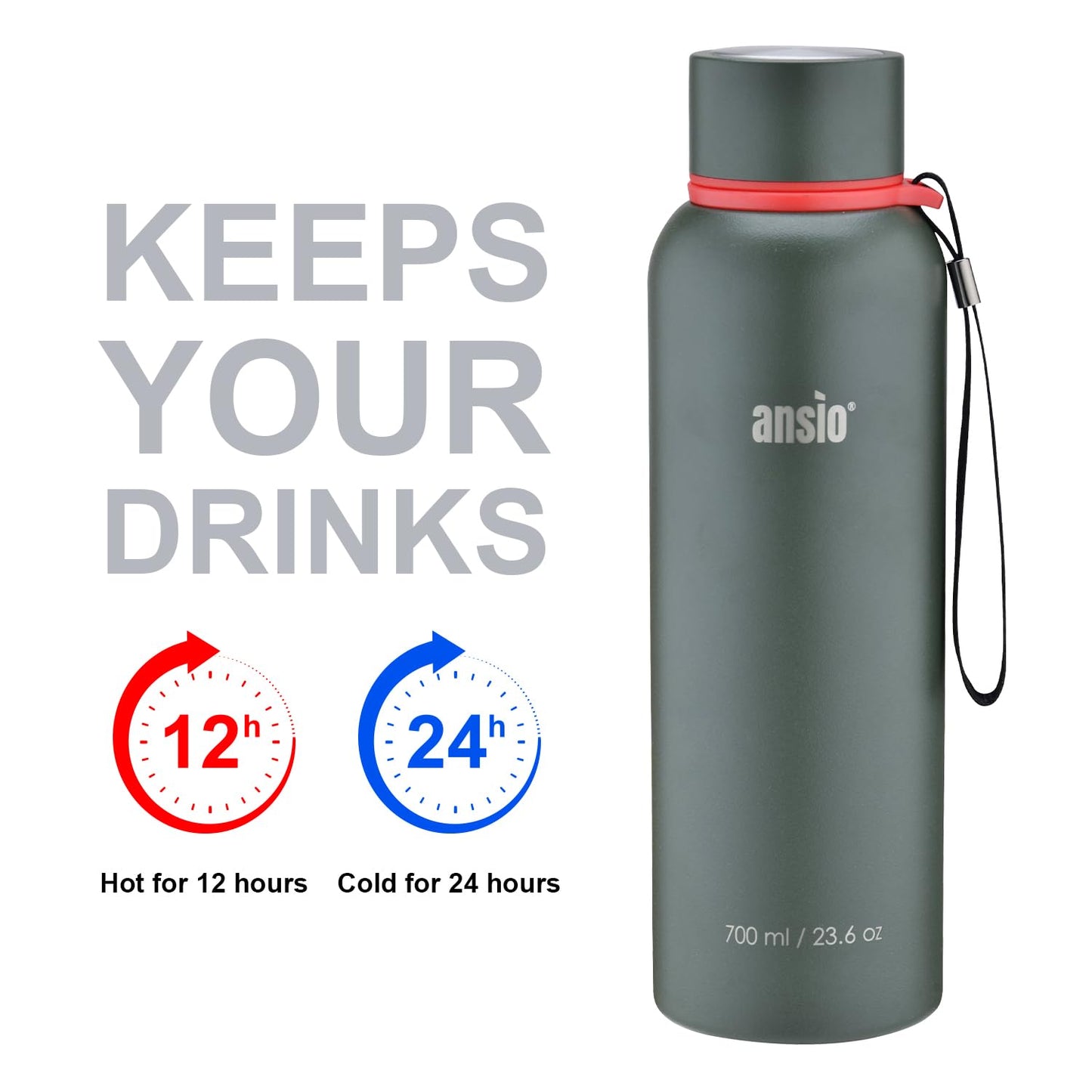 ANSIO Water Bottle,Vacuum Flask & Stainless Steel Water Bottle Double Walled Insulated Drinks Bottle Hot & Cold BPA Free Outdoor Sports Camping Hiking Cycling (700 ML, Dark Green)