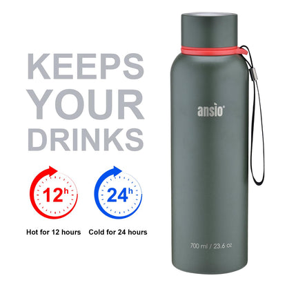 ANSIO Water Bottle,Vacuum Flask & Stainless Steel Water Bottle Double Walled Insulated Drinks Bottle Hot & Cold BPA Free Outdoor Sports Camping Hiking Cycling (700 ML, Dark Green)
