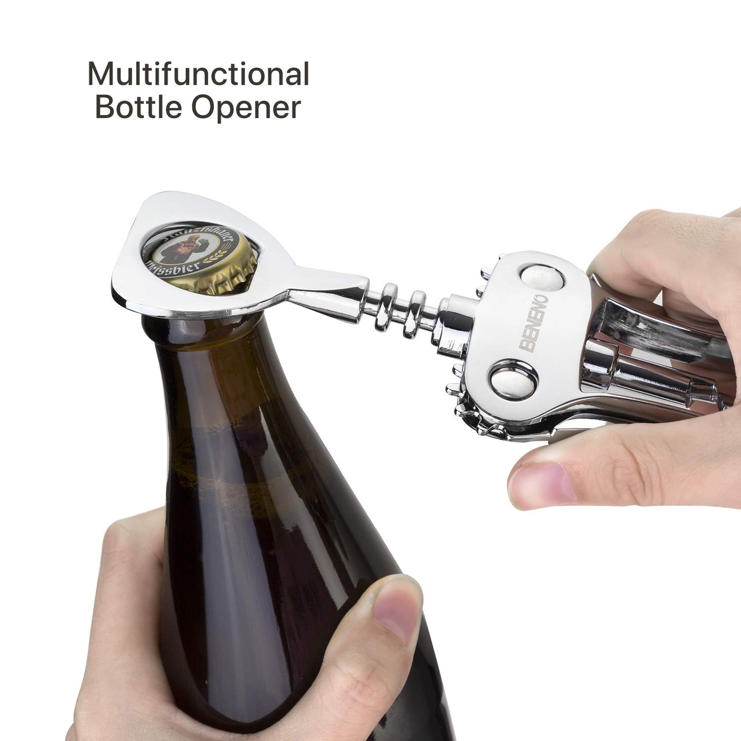 Corkscrew Bottle Opener, Beneno Premium Corkscrews Wine Bottle Opener with Multifunctional Corks and Caps Bottle Opener, Silver
