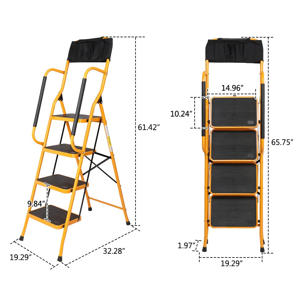 - Karlhome 4-Step Folding DIY Step Ladder With Safety Handrail & Toolbag | 150kg Capacity -