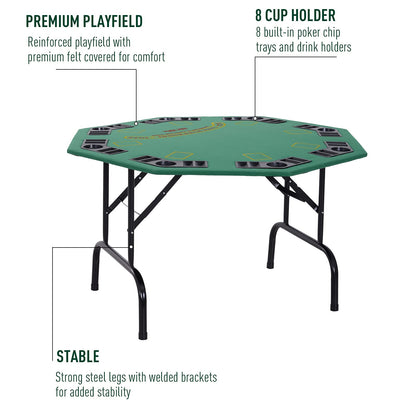 - HOMCOM 8 Player Folding Games Poker Table | Chip Cup Holder | Steel Base | Felt Top | Octagon -