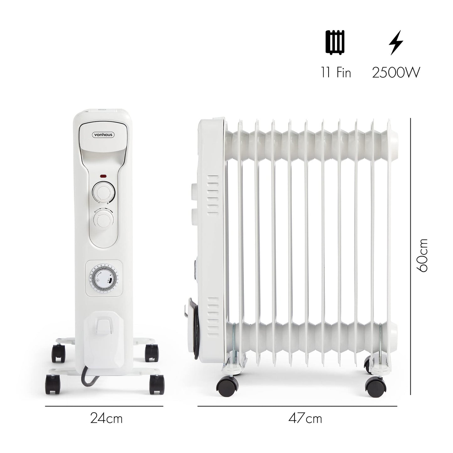 = VonHaus Oil Filled Radiator 11 Fin, Heater Portable Electric Free Standing 2500W for Home, Office, Any Room