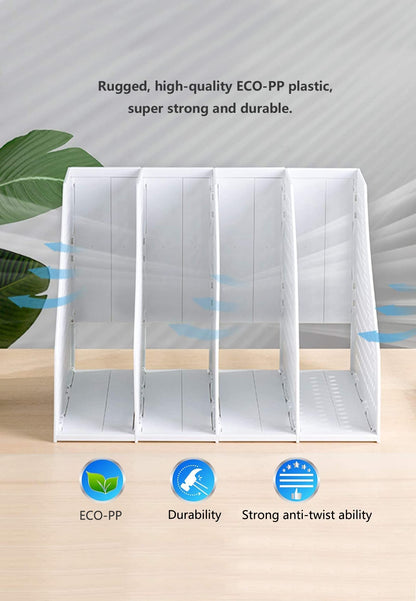 Deli A4 File Holder Folding Bookshelf,1 Year Warranty,4 Vertical Compartments magazine file holder,Desk Organizer Document Folder for Office Organization and Storage (Light gray)