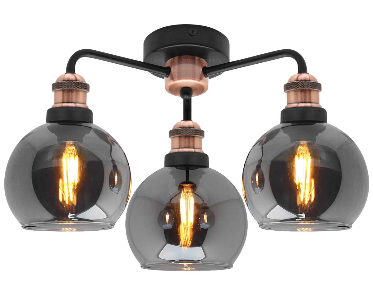 - Modern Grey Glass Ceiling Light | 3 Globe Shades | Round Chandelier -