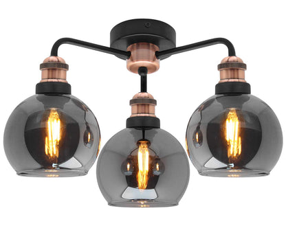 - Modern Grey Glass Ceiling Light | 3 Globe Shades | Round Chandelier -
