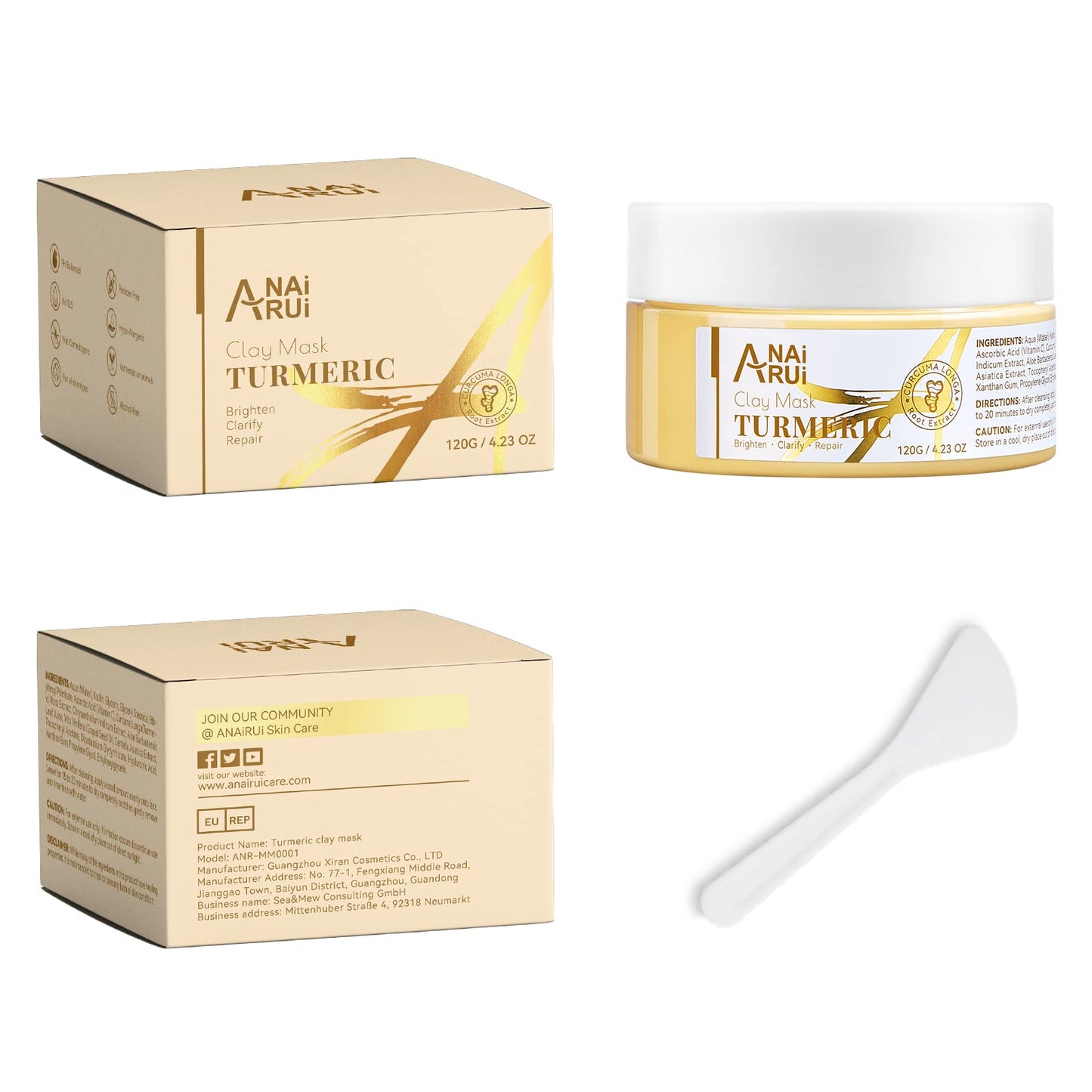 ANAiRUi Turmeric Vitamin C Face Mask with Turmeric and Kaolin Clay - Clay Mask for Radiant Skin, Oil Balance, Cleansing Pores - Beauty Face Mask, Skincare, 120g