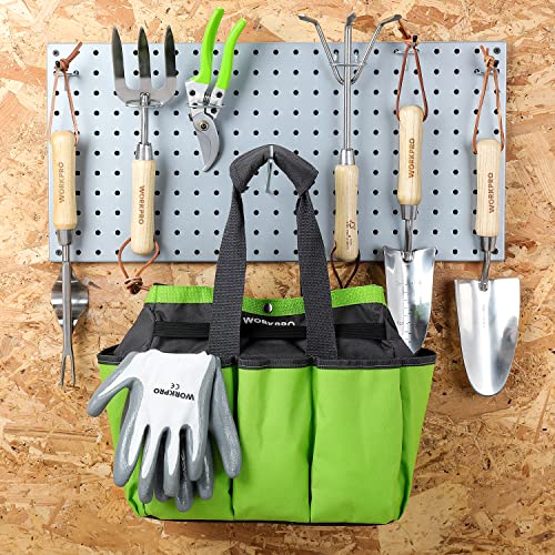 - WORKPRO 8 Piece Garden Tools Set, Stainless Steel Hand Tools with Wooden Handle, Including Gloves, Trowel, Weeder, Hand fork, Hand Rake, Transplanter, Pruner and Garden Tote