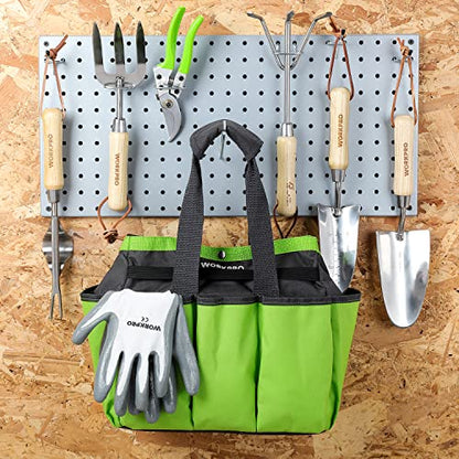 - WORKPRO 8 Piece Garden Tools Set, Stainless Steel Hand Tools with Wooden Handle, Including Gloves, Trowel, Weeder, Hand fork, Hand Rake, Transplanter, Pruner and Garden Tote