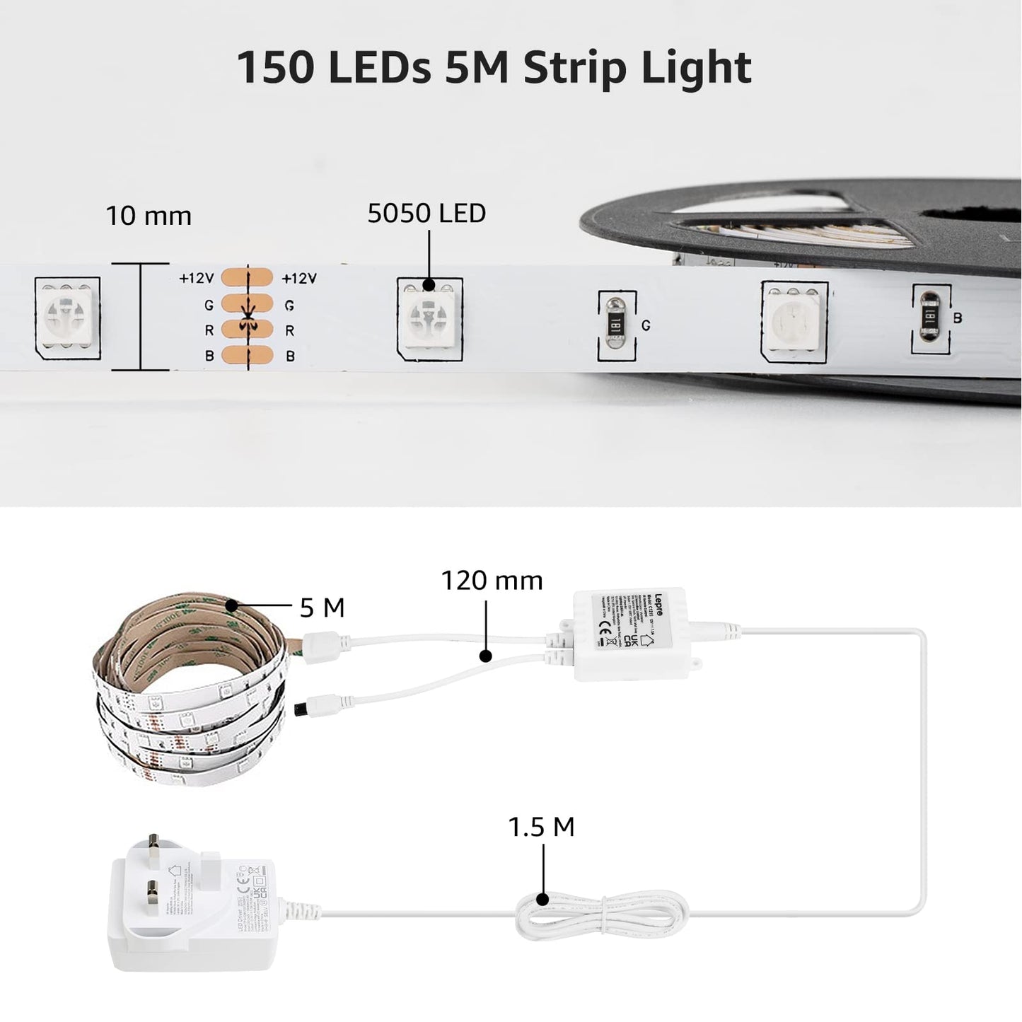 - Lepro LED Strip Light | 5M | Dimmable RGB LED Strips With Remote | Colour Changing Room Lights -