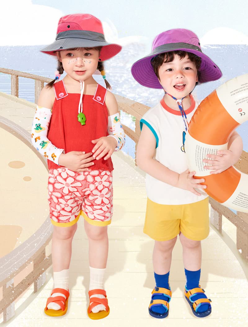 Children Wide Brim Bucket Hat 3-8 Years Girls Ponytail Sun Hat Boys Mesh Cool Hat Anti UV Sun Protection Hat with Strap Kids Holiday Beach Hat Cycling Hiking Summer Hat Outdoor Sun Visor Cap
