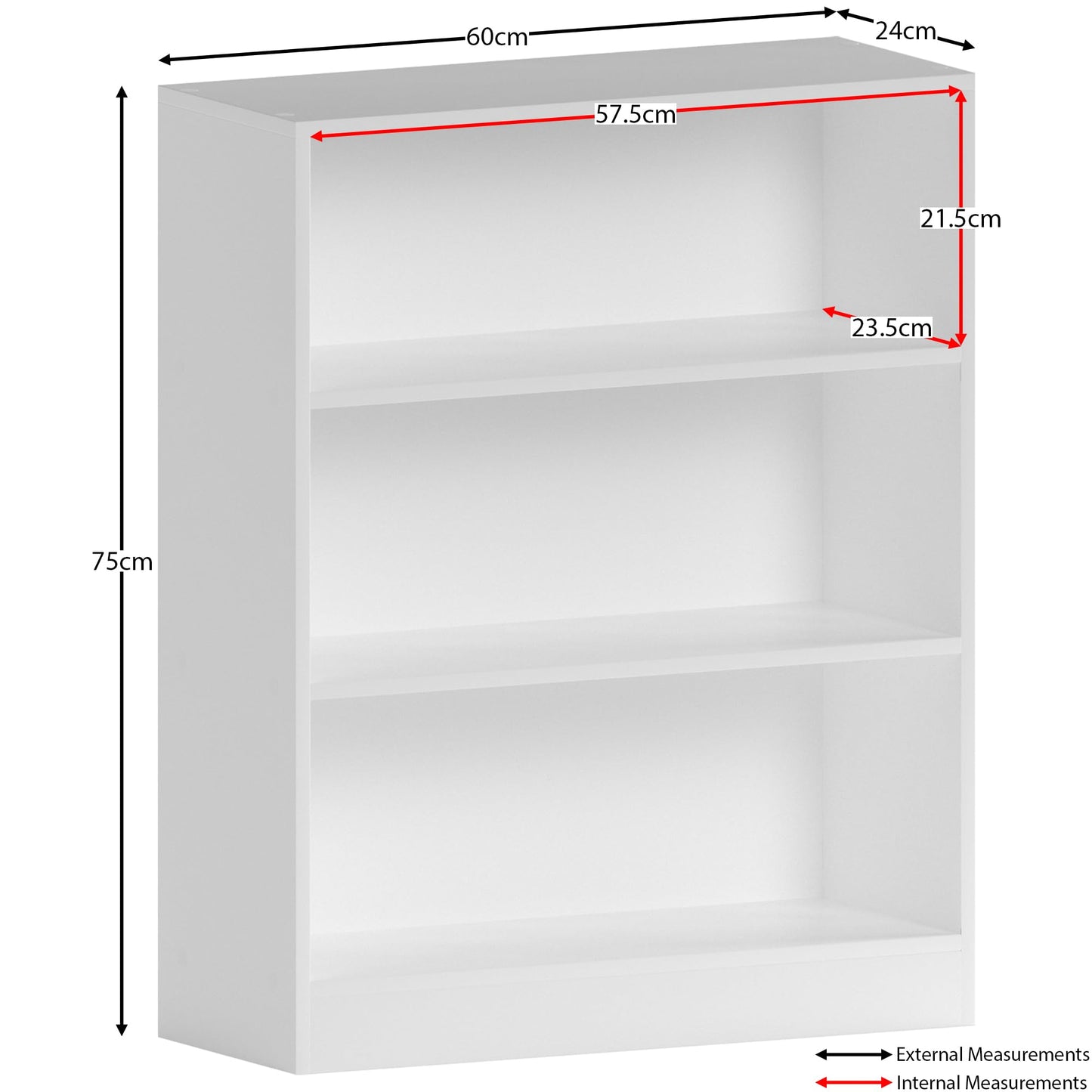- Vida Designs Cambridge 3 Tier Low Bookcase, White Wooden Shelving Display Storage -