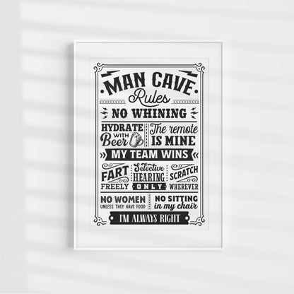 - Maise & Rose Man Cave Gift | Funny Man Cave Rules A4 Unframed Black and White Print | Man Cave Wall Art -