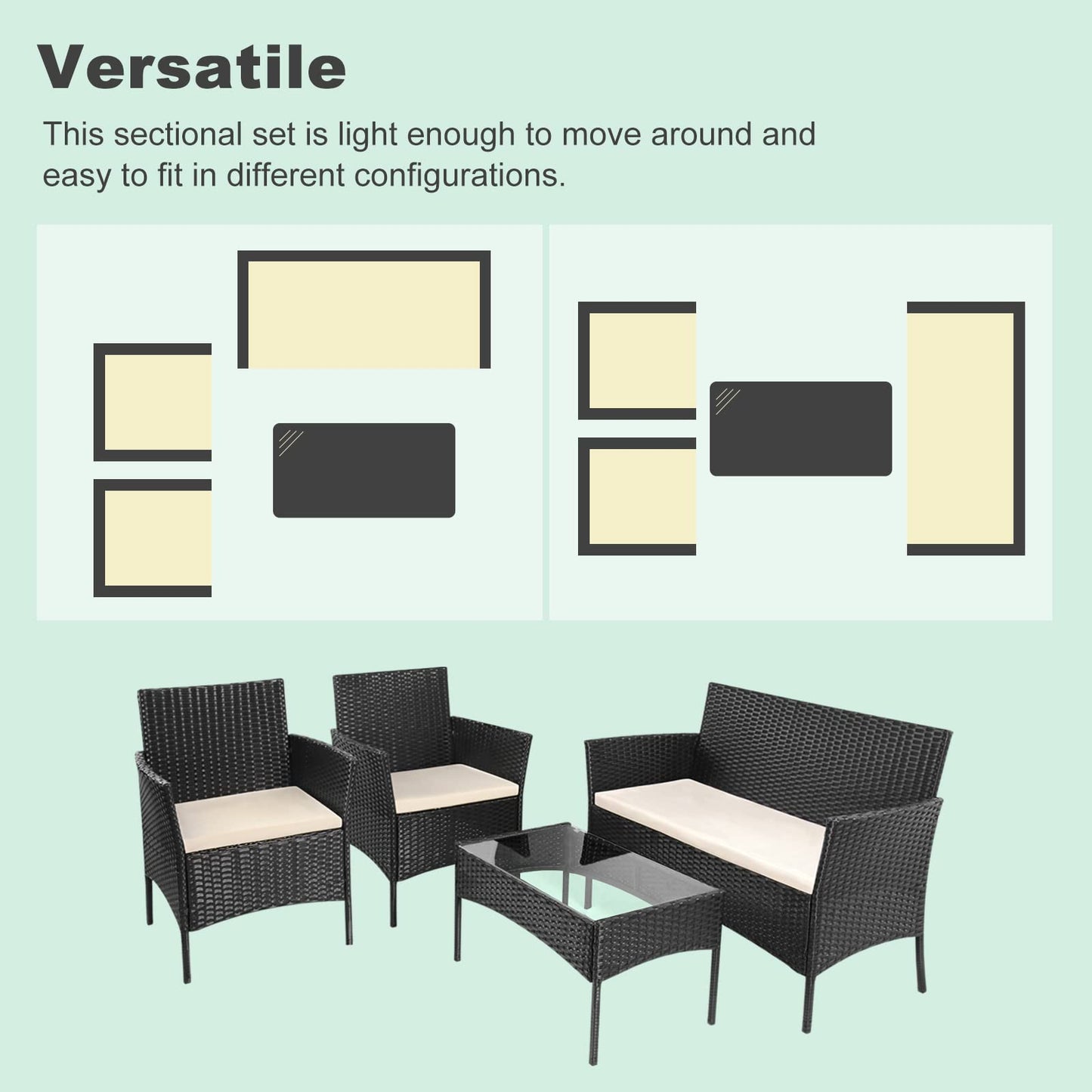 bigzzia Rattan Garden Furniture Set, 4 piece Patio Rattan furniture sofa Weaving Wicker includes 2 Armchairs,1 Double seat Sofa and 1 table