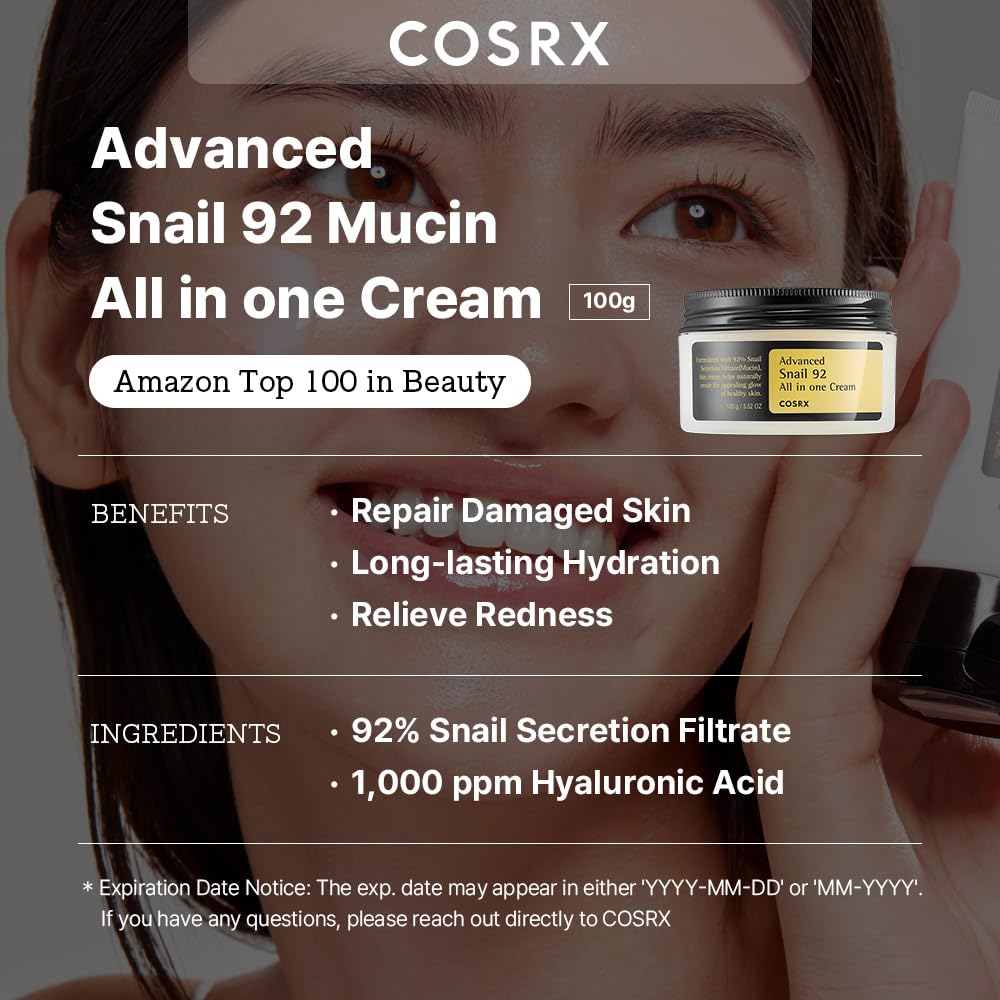 COSRX Advanced Snail 92 All in one Cream, 3.53 oz/100g | Moisturizing Snail Mucin Secretion Filtrate 92% | Facial Moisturiser, Long Lasting, Deep & Intense Hydration, Korean Skin Care