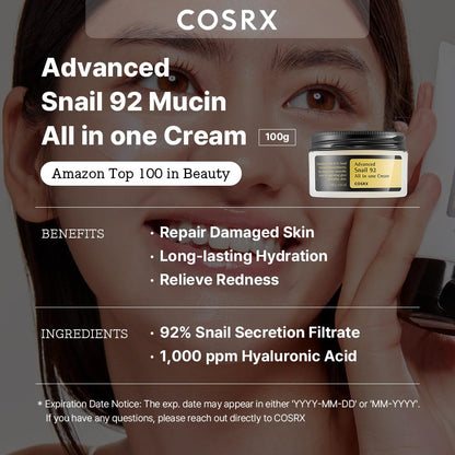 COSRX Advanced Snail 92 All in one Cream, 3.53 oz/100g | Moisturizing Snail Mucin Secretion Filtrate 92% | Facial Moisturiser, Long Lasting, Deep & Intense Hydration, Korean Skin Care