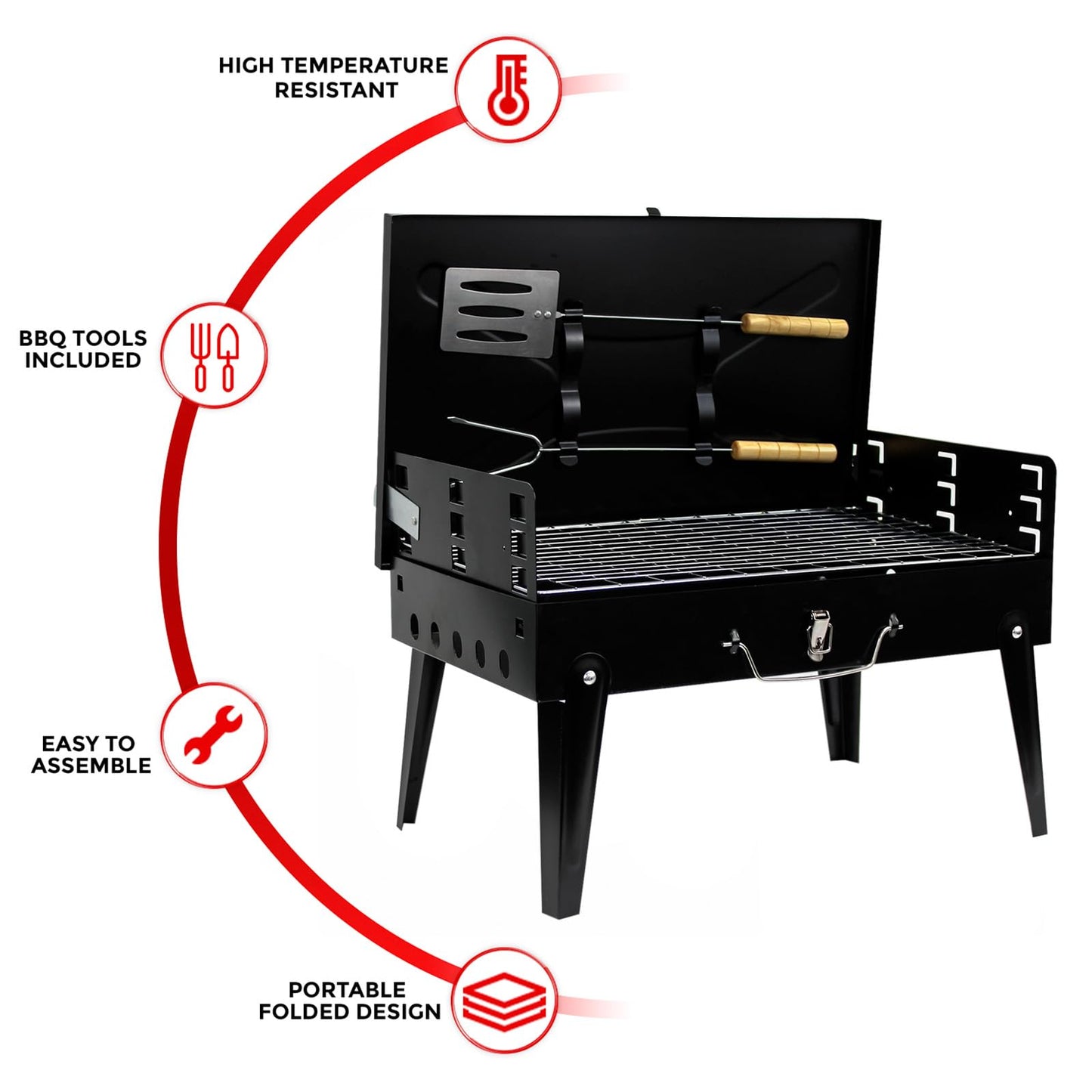 Crystals Portable BBQ Charcoal Grill - Folding Small Travel BBQ Grill with Tool Set - Mini Foldable Stainless Steel BBQ Grill for Camping, Garden, Picnic, Outdoor - Black