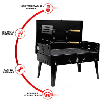 Crystals Portable BBQ Charcoal Grill - Folding Small Travel BBQ Grill with Tool Set - Mini Foldable Stainless Steel BBQ Grill for Camping, Garden, Picnic, Outdoor - Black