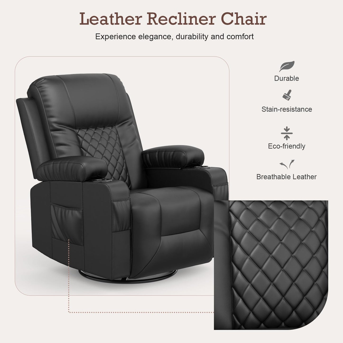 - YONISEE Recliner Chair, Swivel Recliner Rocker Chairs with 360° Rotate & 125° Rocking Mechanism, Extended Footrest, Swivel Armchair Single Sofa Living Room Lounge with Drink Holders & Side Pockets