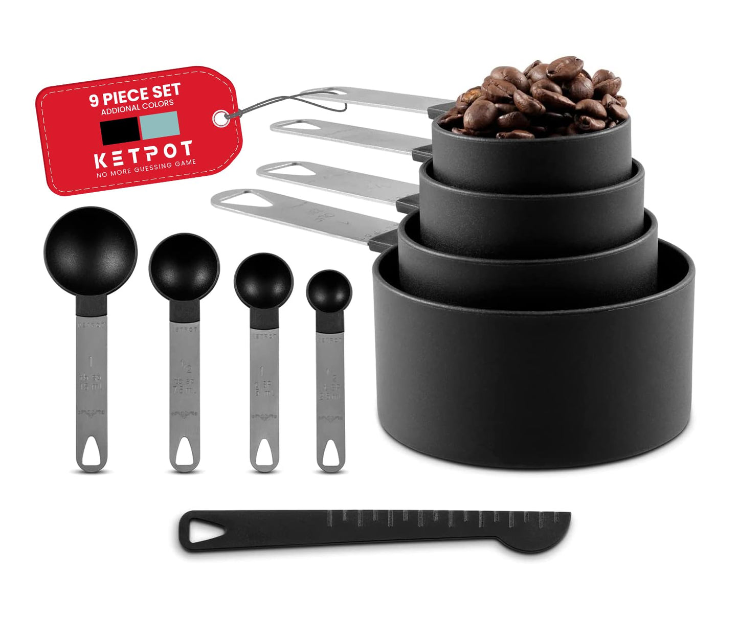 - KETPOT 9 Pcs Measuring Cups and Spoons Set | 4 Measuring Cups / 4 Measuring Spoons & 1 Leveler -