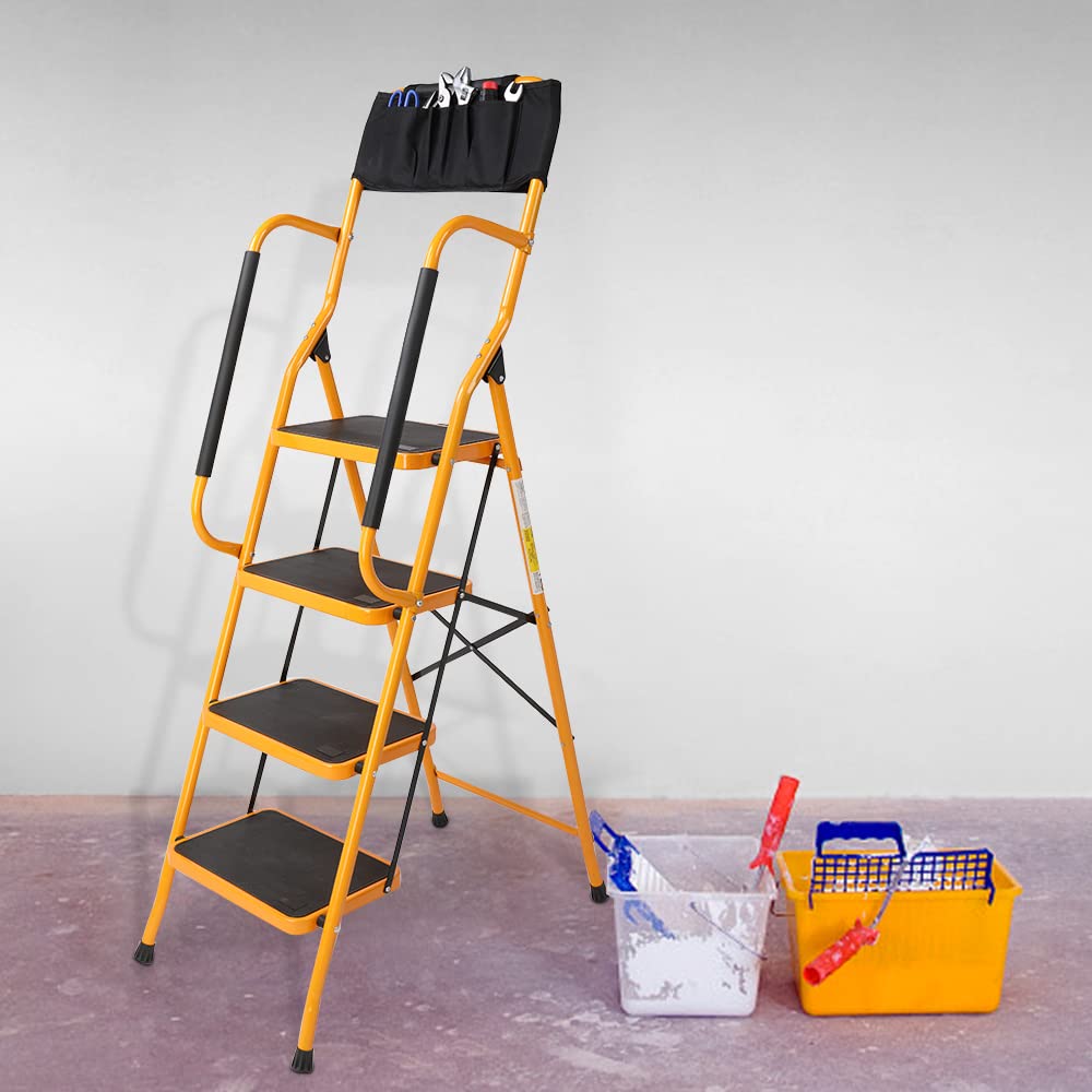 - Karlhome 4-Step Folding DIY Step Ladder With Safety Handrail & Toolbag | 150kg Capacity -