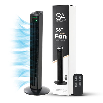 - SA Products 36” Tower Fan | Oscillating Stand Fan With 3 Wind Speeds | 3 Modes | Remote Control, LED Display | Timer Function | Black -