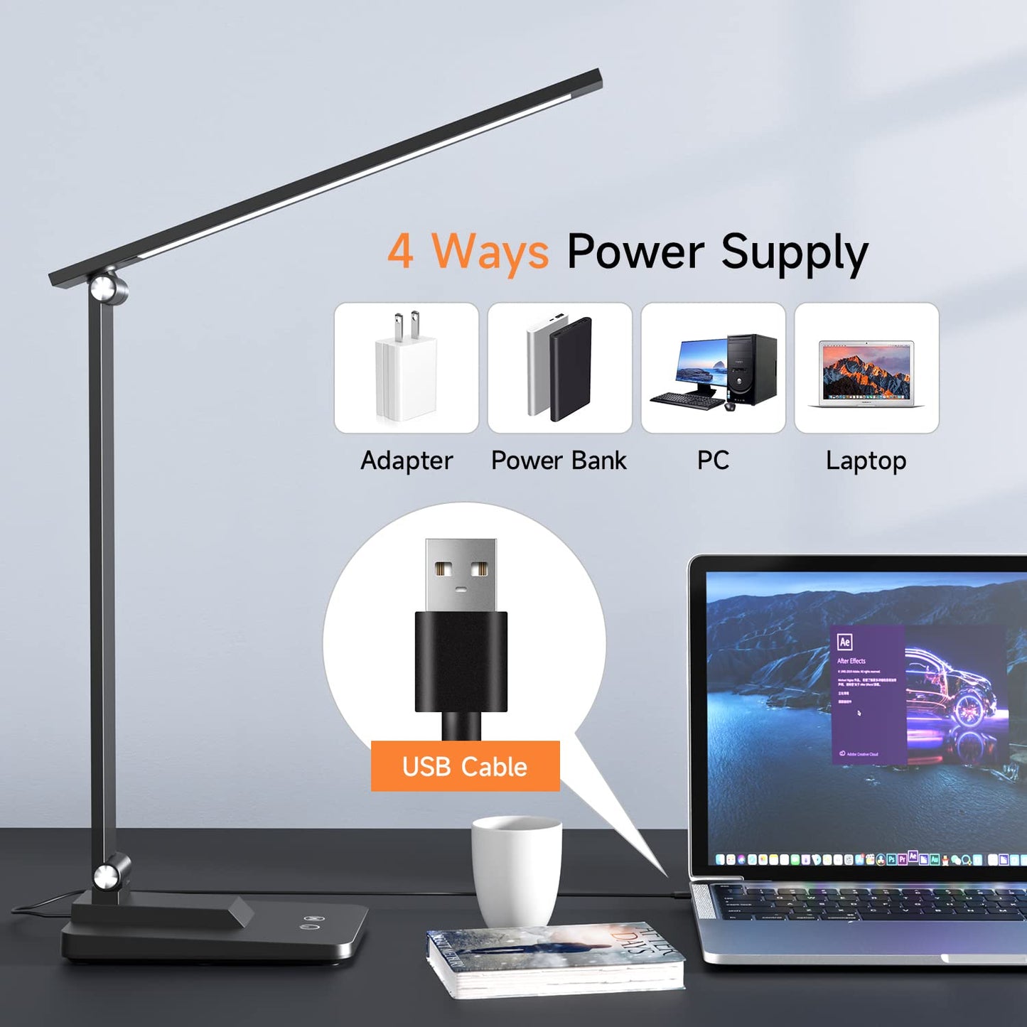 Desk Lamp LED Table Lamp,15 Modes LED Desk Lamp,Dimmable Bedside Lamps with Timer,Multi-Powered Desk Lamps for Study Lamp Reading Light,Adjustable Desk Light,Black Desk Lamp for Bedroom,Home,Office
