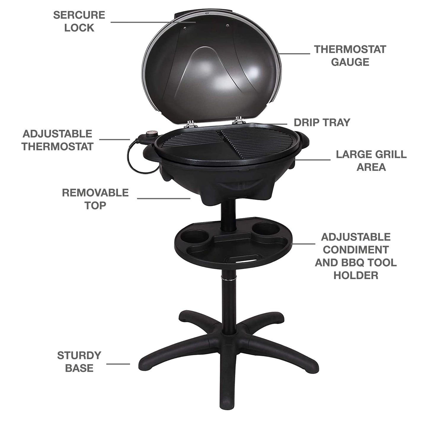 Andrew James BBQ Electric Grill Barbecue with 5 Temperature Settings Grey | Thermostat | Indoor & Outdoor Party | Removable Drip Tray & Condiment Stand | Healthy Grilling | Non-Stick Cooking Surface