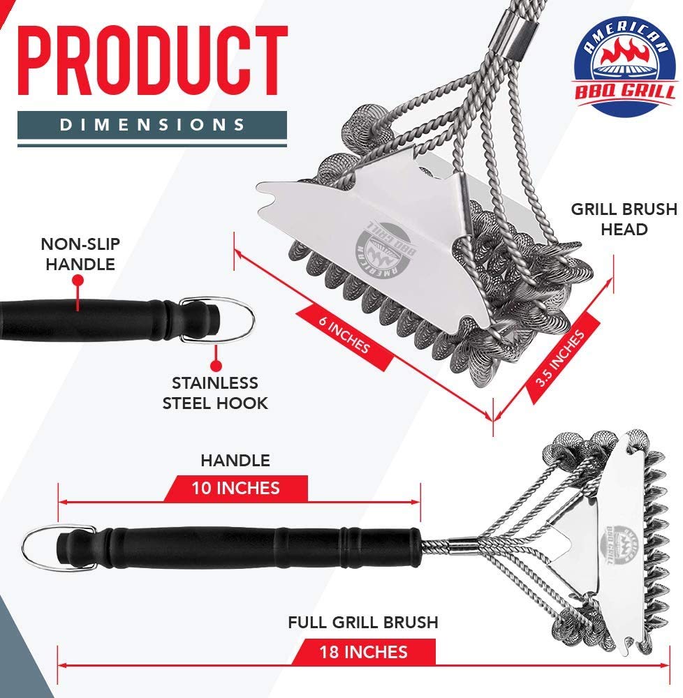 American BBQ Grill Cleaning Brush - Premium Barbecue Cleaner and Scraper Accessories - Best and Safe Grate Kit - Suitable For All Grilling Tools Including Gas, Charcoal - 10 Year Warranty