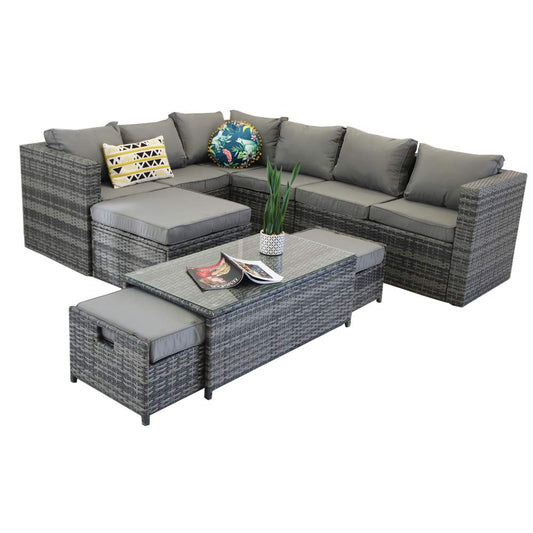 - Yakoe Vancouver 9 Seater Corner Rattan Garden Set In Grey With Fitting Cover