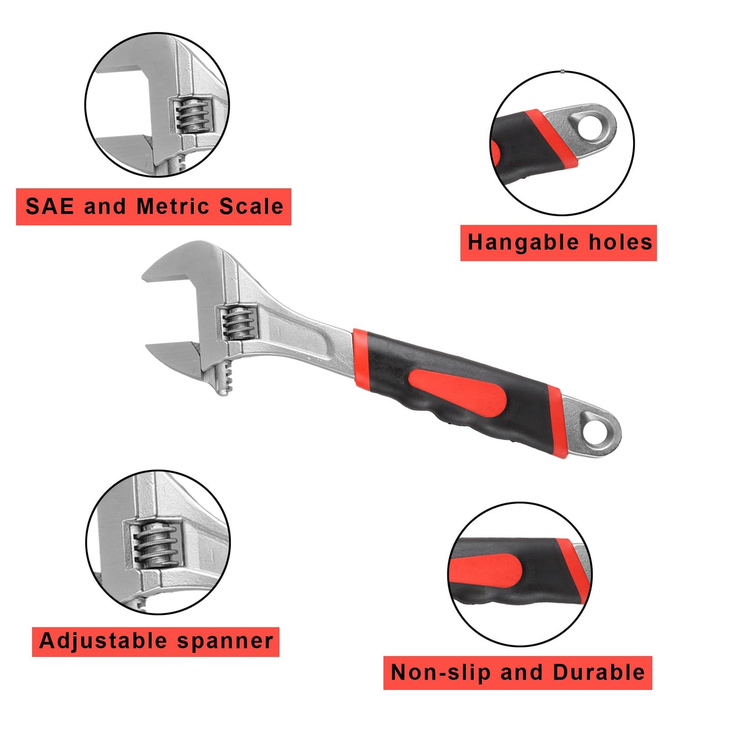 AHAQU 4PCS Adjustable Spanner Set, 4 Sizes Heavy Duty Adjustable Wrench Set Include 6in/8in/10in/12in, Metric & SAE Carbon Steel Shifter Spanners with Soft Grip Handle for Maintenance Repair