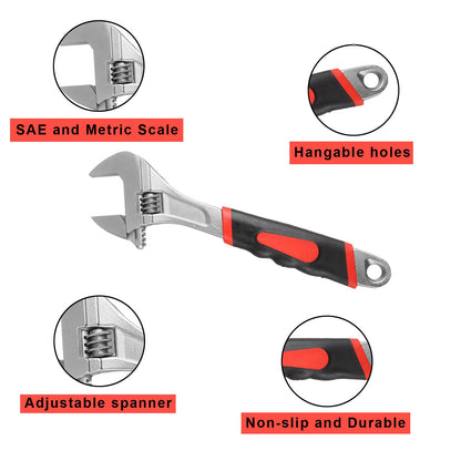 AHAQU 4PCS Adjustable Spanner Set, 4 Sizes Heavy Duty Adjustable Wrench Set Include 6in/8in/10in/12in, Metric & SAE Carbon Steel Shifter Spanners with Soft Grip Handle for Maintenance Repair