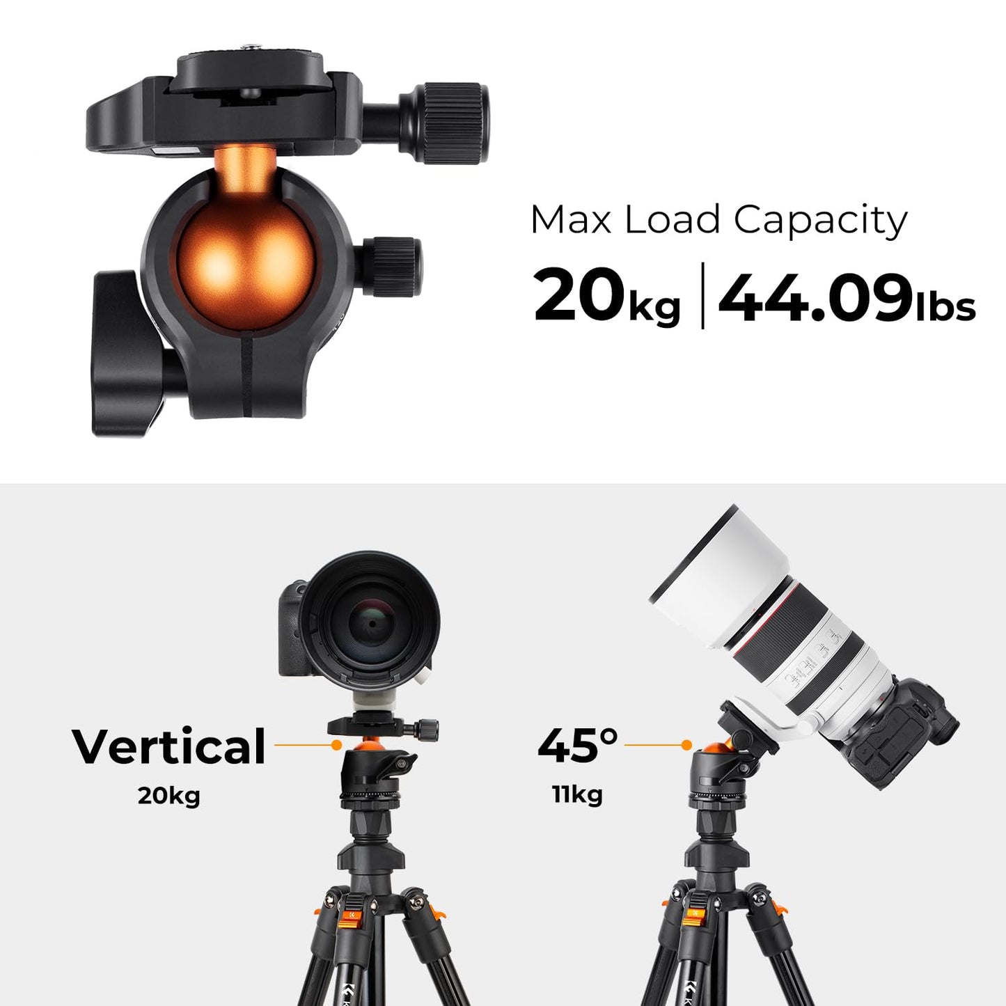 - K&F Concept 64 inch/163cm Camera Tripod | Lightweight Aluminum Travel Outdoor Tripod | Ball Head Load Capacity 20kg/44lbs -