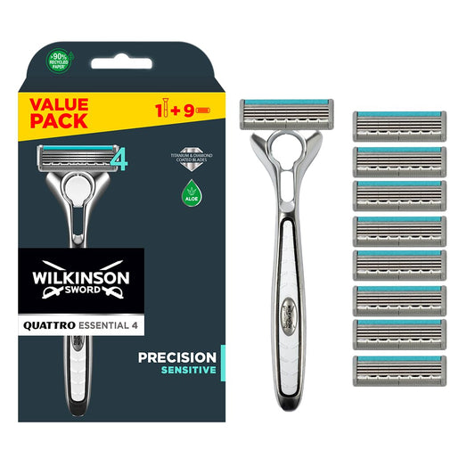 - WILKINSON SWORD - Quattro Titanium For Men | Sensitive Comfort | Razor Handle + 9 Blade Refills