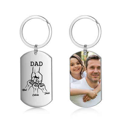 Dad Keyring Personalised with Names Photo Engraved Fathers Day keychain from Son and Daughter Gift for Christmas Birthday (3 names)