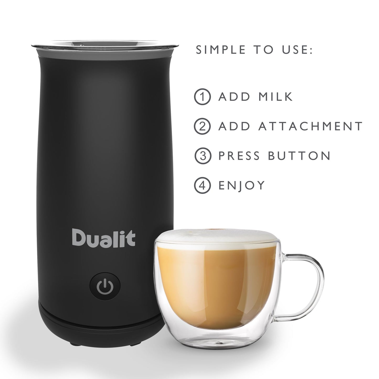 - Dualit Handheld Milk Frother |  One Touch Operation | Removable Whisk for Easy Cleaning | Cordless | Non-Stick | 340 ml Black -