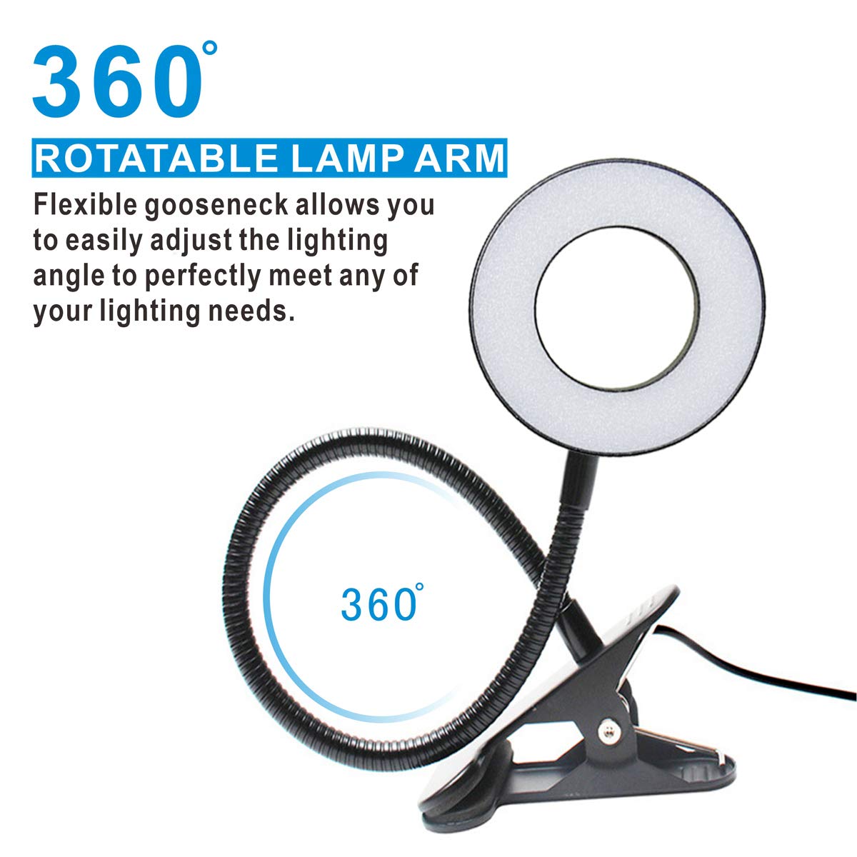 - KNAMKY USB LED Desk Lamp Clip On Light | 3 Light Mode | 10 Dimmable Brightness -