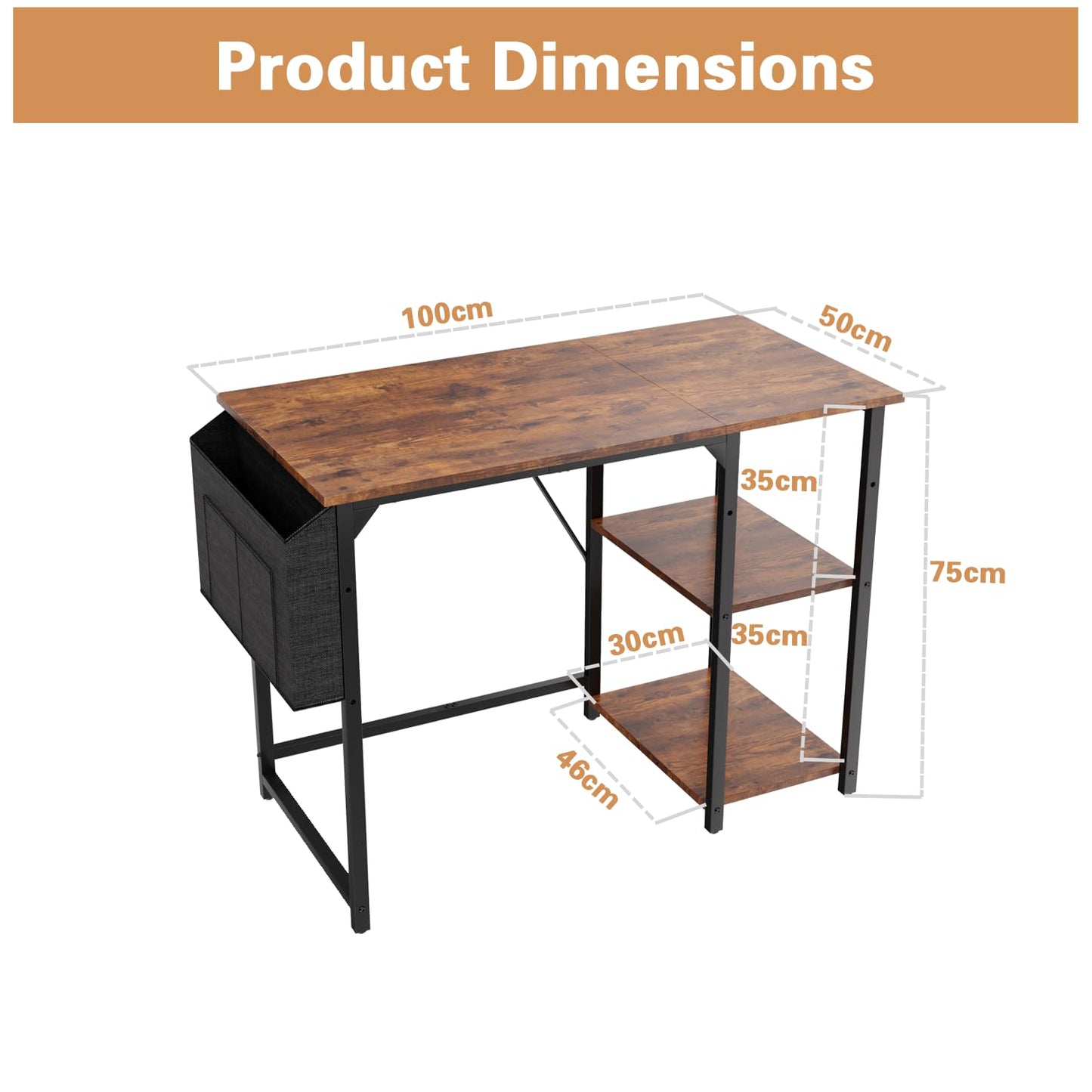 Devoko 100cm Computer Desk with Storage Shelves, Study Writing Desk Small Desks for Small Spaces, Home Office desk, Laptop Table for Home Workstations, Side Pocket Storage Bag, Rustic Brown