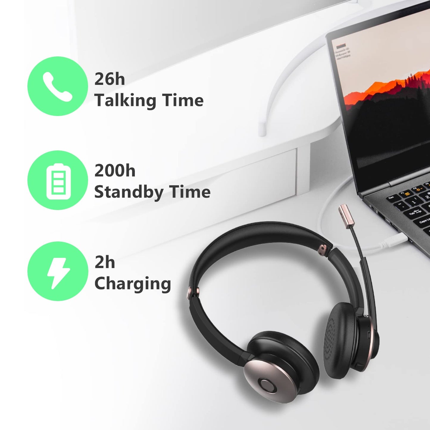 Bluetooth Headset, Wireless Headphones with Microphone Noise Cancelling, On Ear Headphones with Mic Mute, Handsfree PC Headsets for Zoom/Ms Teams/Skype 26H Playtime|Dual Connect|Laptop